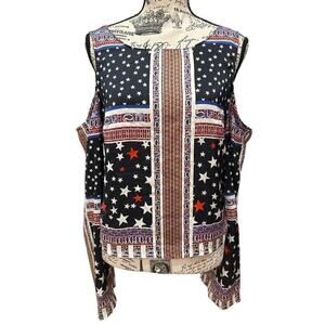 Avec Les Filles America Combo Cold Shoulder Tie Back Blouse Top S NWT